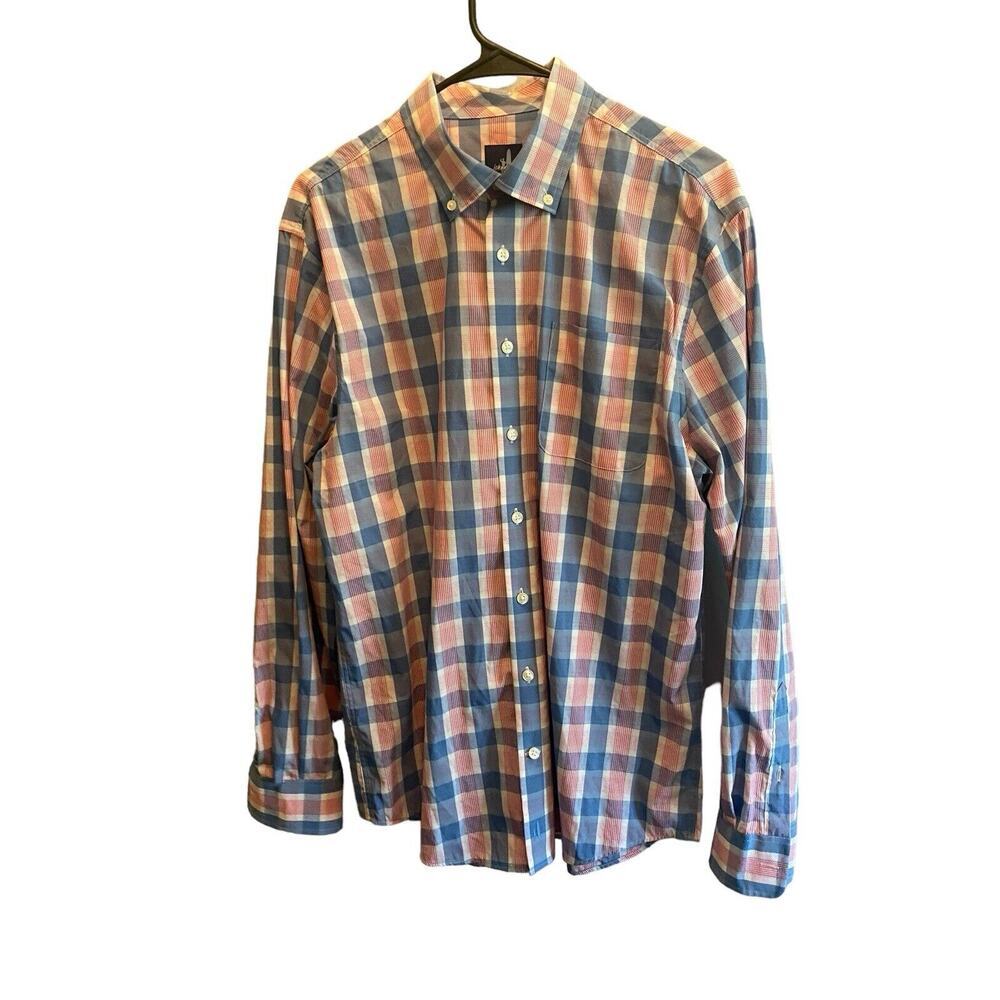 JOHNNIE-O Shirt MERCER Medium Blue Pink Plaid Striped Button Up PREP-FORMANCE